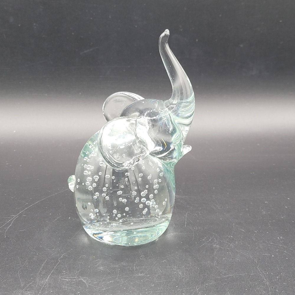 Glass Elephant Figurine Paperweight Good Luck Trunk Up Controlled Bubbles